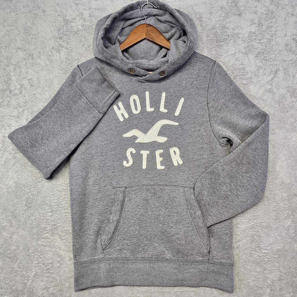 Hollister Co. Gray Logo Hoodie Men's Medium Y2K Surf Style Pullover Sweatshirt